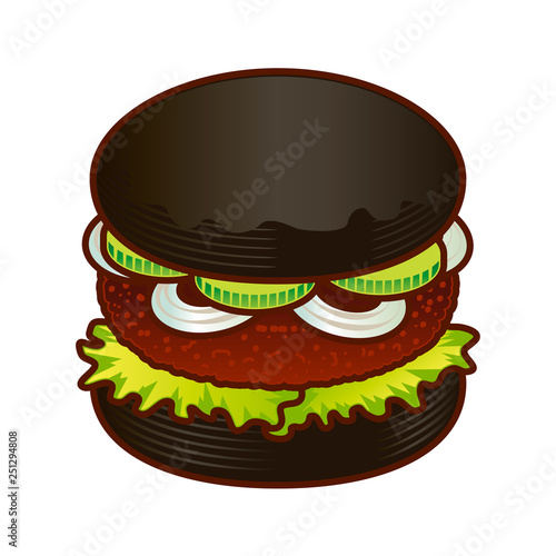 Black Burger food icon. Cartoon hand draw illustration of burger for web design, menu, game isoleted on white