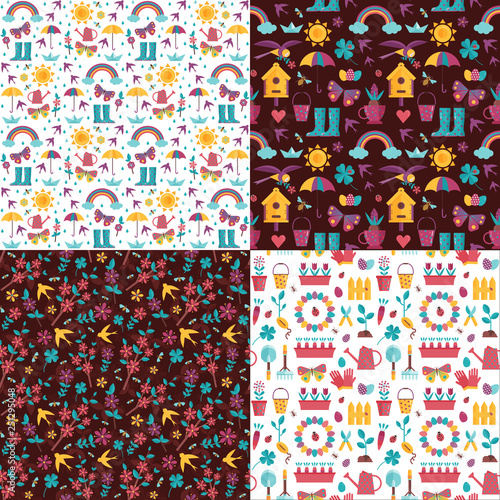 Spring pattern set with blooming sakura  birds  rainbow  umbrella  bird house and gardening icons. Springtime seamless backgrounds for wrapping paper or print with seedling and landscaping elements.