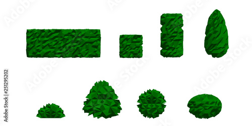 Set of different bushes. 3D low poly vector illustration.