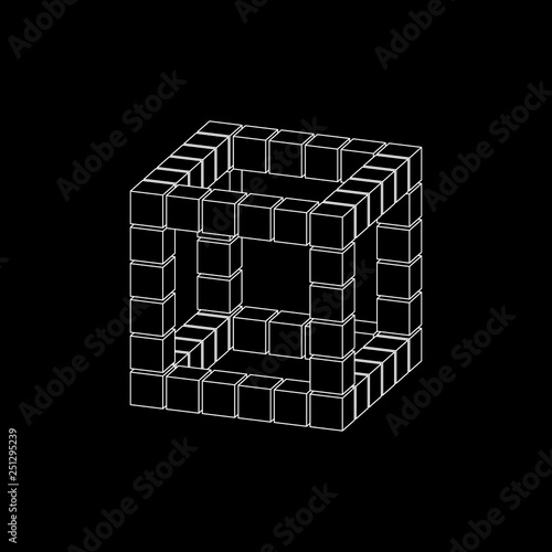 Abstract 3d cube from cubes. Dimetric projection. Vector outline illustration.
