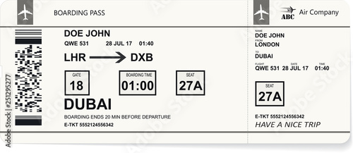 Realistic airline ticket design with not real passenger name. Variant of boarding pass pattern. Vector illustration