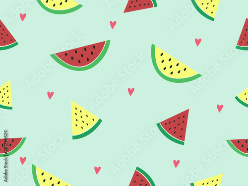 Sliced piece of red and yellow watermelon on pastel blue background decorated with pink heart. Sweet and delicious tropical fruit for summer refreshing. Vector design seamless pattern for wallpaper.