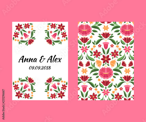 Vintage flowers wedding save the date card template vector. Hungarian folk pattern. Kalocsa embroidery floral ethnic ornament. Background for birthday invitation, anniversary, bridal shower party.