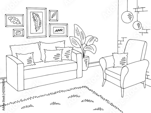 Living room graphic black white home interior sketch illustration vector