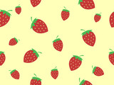 Ripe red strawberries on pastel yellow background look so cute. Sweet and delicious fruit for make dessert or pastry and have high vitamin. Vector design seamless pattern in minimal wallpaper concept.