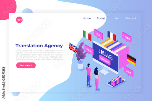  Online Translation agency isometric concept. Interpretation services. Vector illustration