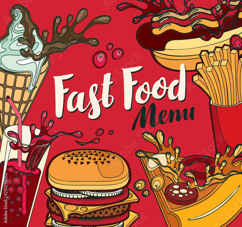 Vector cover for fast food menu with ice cream, cola, Burger, pizza, French fries and hotdog in retro style. Cartoon illustration with handwritten inscription. Fast food, healthy and unhealthy food