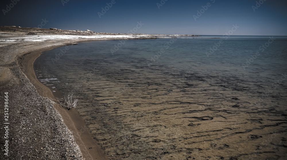 Panorama view to Aral sea from the rim of Plateau Ustyurt near Duana cape in Karakalpakstan, Uzbekistan