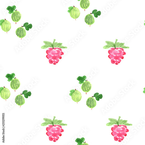 Watercolor seamless pattern with summer berries. Decorative background. Vibrant hand painted elements. Raspberry and gooseberry