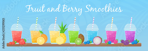 Fresh fruit smoothie shake cocktail set vector illustration. Coolection of glass with layers of sweet vitamin juice cocktail or protein shake in rainbow colors with fruits for smoothies summer menu