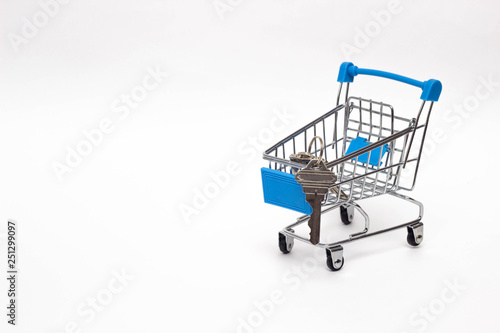 Shopping cart on a white background in which the keys to the apartment, the purchase of real estate, copy space