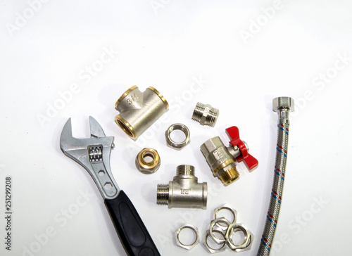 plumbing tools and equipment top view on white background