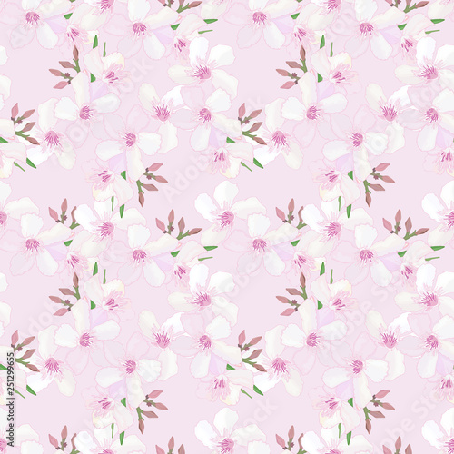 Spring floral seamless pattern with delicate small flowers and buds of pink oleander. Tropical endless texture. Summer print. Textile design. Blooming Nerium. Vector illustration