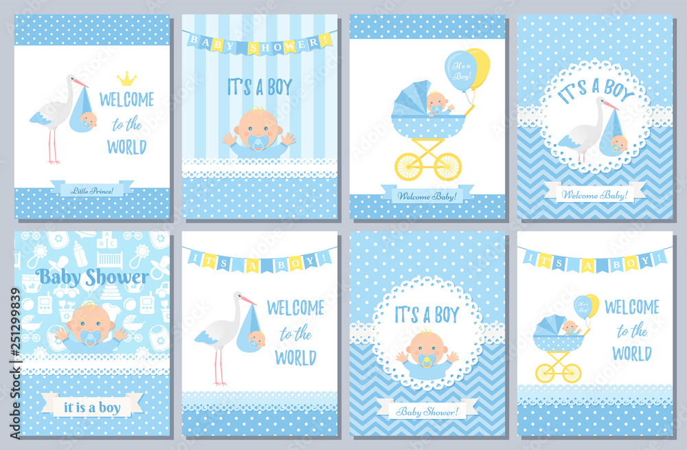 Baby Shower card. Vector Baby boy design. Invite banner. Cute birth party background. Welcome born template. Blue happy greeting poster with kid, stork, pram polka dot print. Cartoon flat illustration - obrazy, fototapety, plakaty 