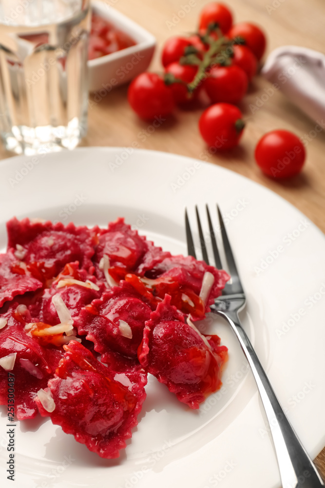 Plate with tasty ravioli on table, closeup Plate with tasty ravioli on table, closeup