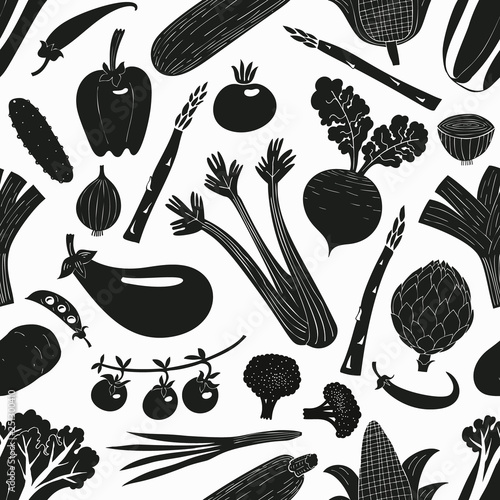 Fun hand drawn vegetables seamless pattern. Black and white graphic. Vegetables background. Linocut style. Healthy food. Vector illustration