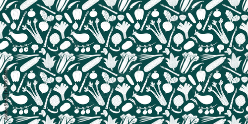 Fun hand drawn vegetables seamless pattern. One color graphic. Vegetables background. Linocut style. Healthy food. Vector illustration