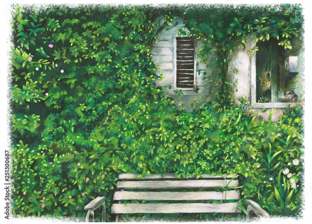 Green garden with bench , flowers , window art illustration.Beautiful nature outdoor.nature landscape park.Art of home garden.Bench with nature view. Green garden with bench , flowers , window art illustration.Beautiful nature outdoor.nature landscape park.Art of home garden.Bench with nature view.