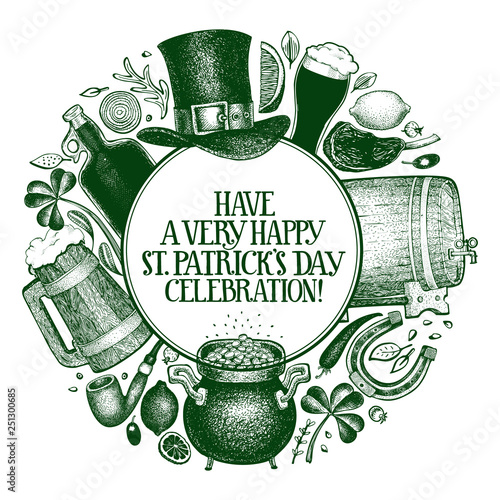St. Patricks day design template. Vector hand drawn illustrations. Irish vintage background. Can be use for menu cover or packaging.