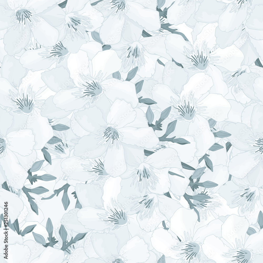 Fototapeta premium Spring floral seamless pattern with monochrome flowers and buds of oleander. Tropical endless texture. Summer print. Textile design. Blooming Nerium. Vector illustration
