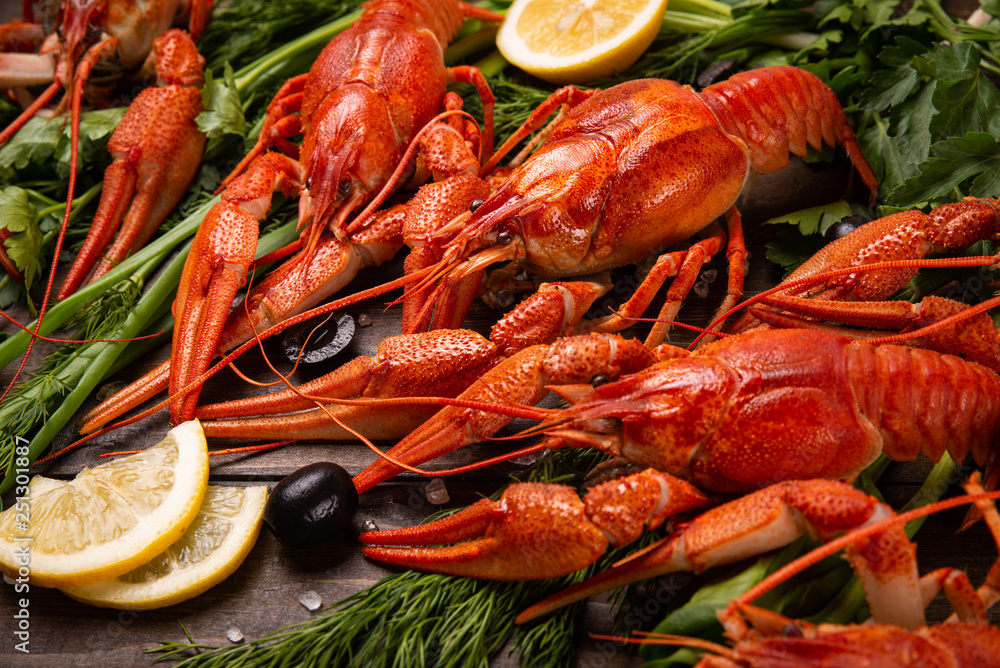 Crayfish. Red boiled crawfishes on table in rustic style, closeup. Lobster closeup. Crayfish. Red boiled crawfishes on table in rustic style, closeup. Lobster closeup.