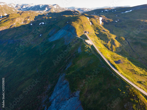 Road with tunnel in mountains Norway. Aerial view.