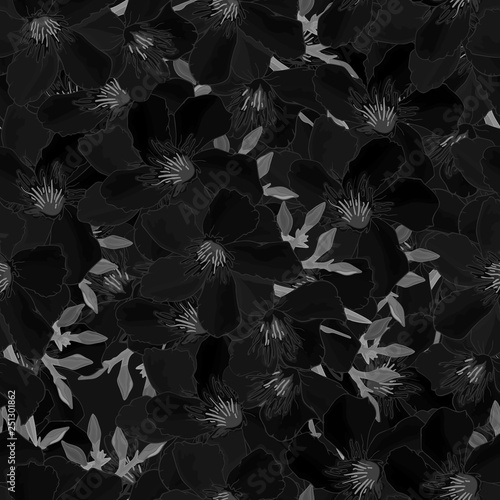 Abstract Spring floral seamless pattern with monochrome flowers and buds of oleander. Tropical dark endless texture. Black and white print. Textile design. Blooming Nerium. illustration
