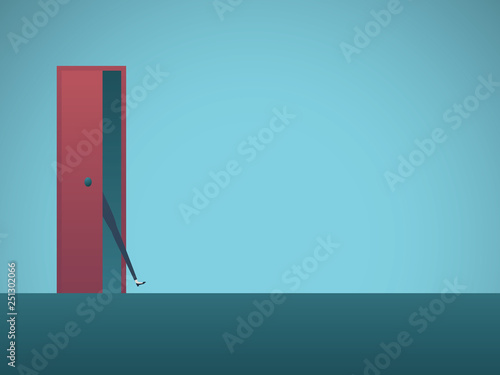Businesswoman with foot in the door vector concept. Symbol of determination, opportunity, aspirations.