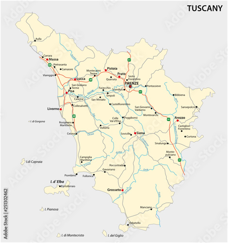 Road vector map of the Italian region Tuscany