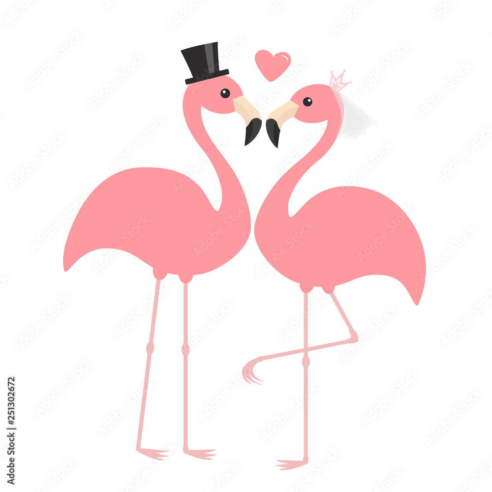 Fototapeta premium Pink flamingo set. Wedding couple. Exotic tropical bird. Black hat, veil, heart. Bride and groom. Happy Valentines Day. Cute cartoon character. Zoo animal. Flat design. White background.