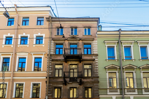Vintage decorated architecture of houses in old downtown of St. Petersburg