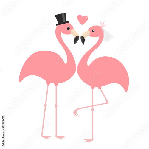 Pink flamingo set. Wedding couple. Exotic tropical bird. Black hat, veil, heart. Bride and groom. Happy Valentines Day. Cute cartoon character. Zoo animal. Flat design. White background.