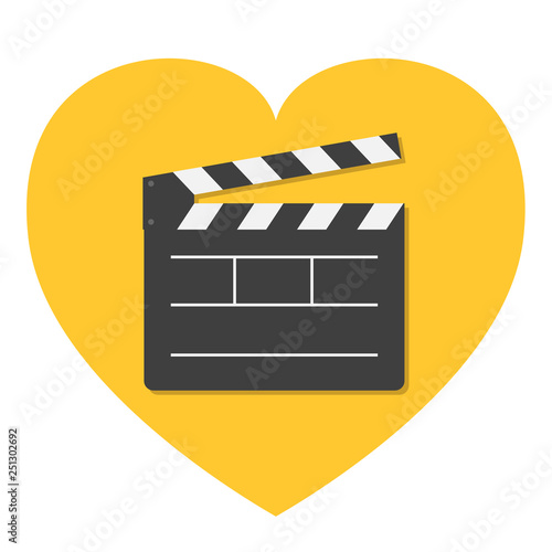 Open movie clapper board template icon. Flat design style. Heart shape. I love cinema. White background. Isolated.