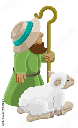 A cartoon traditional shepherd and sheep or lamb