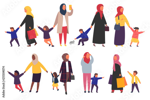 People with kids. Busy parents with naughty children. Vector illustration.