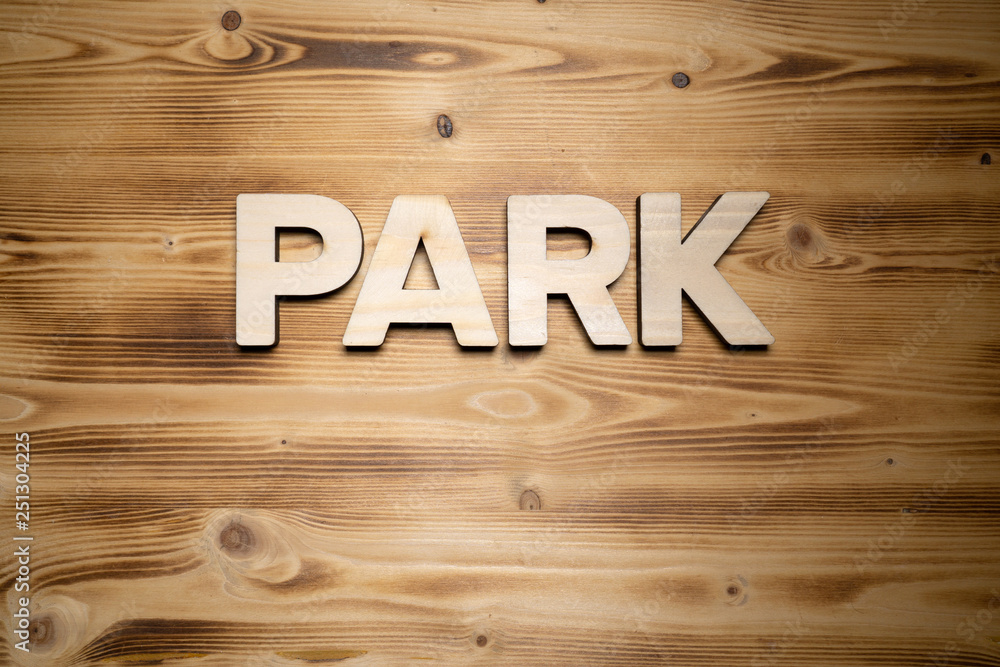 PARK word made with building blocks on wooden board.