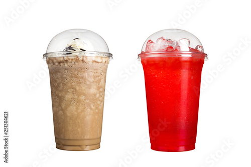 Delicious fruit smoothies in plastic cups, on a white background. Two cocktails milk chocolate and berry.