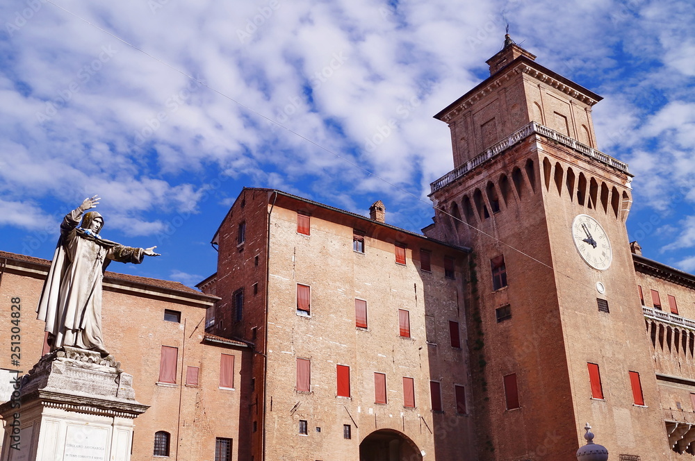 Este castle and statue of Savonarola, Ferrara, Italy