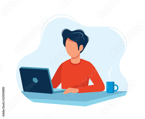 Man working with computer. Concept illustration, working process, management, freelance, office, work from home, business meeting via internet, communication. Bright colorful vector illustration. 