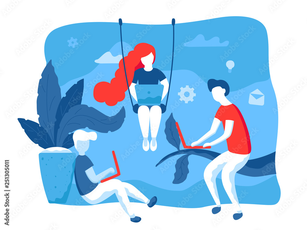 Fototapeta premium Creative people working together in coworking space. Vector illustration in flat design. Creative working process, web graphic for landing page. Young people with laptops outdoor in park.