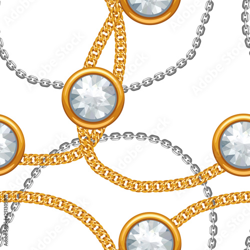 Seamless pattern with golden chains and gem stones.