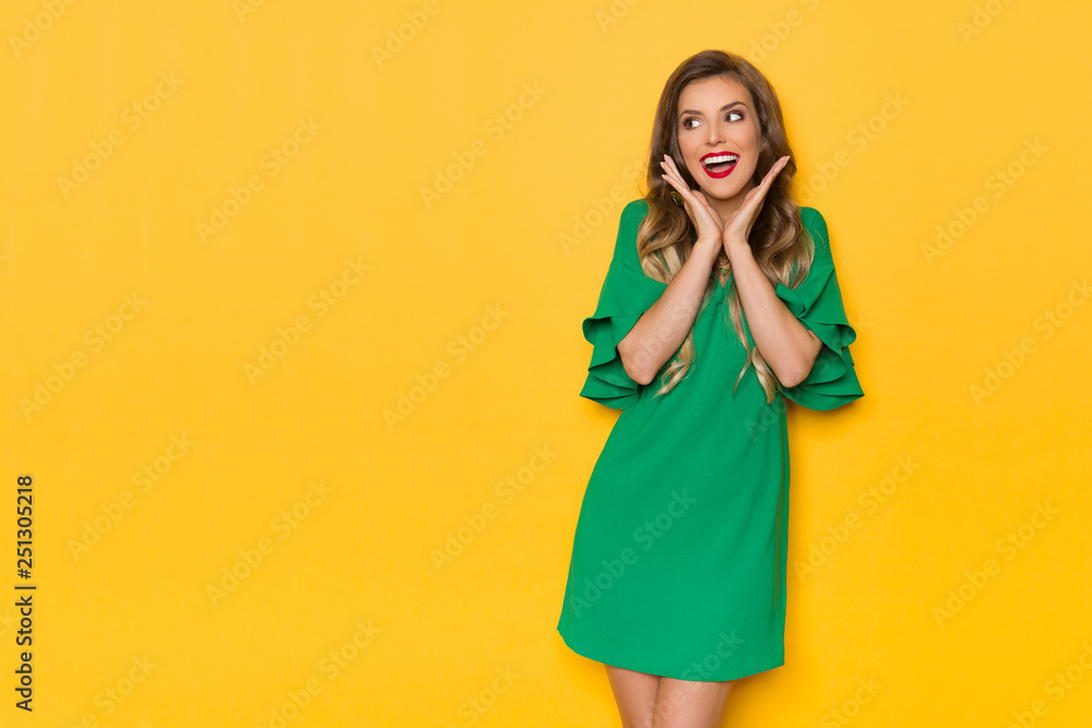 Excited Young Woman In Green Mini Dress Is Holding Head In Hands And Laughing Excited Young Woman In Green Mini Dress Is Holding Head In Hands And Laughing