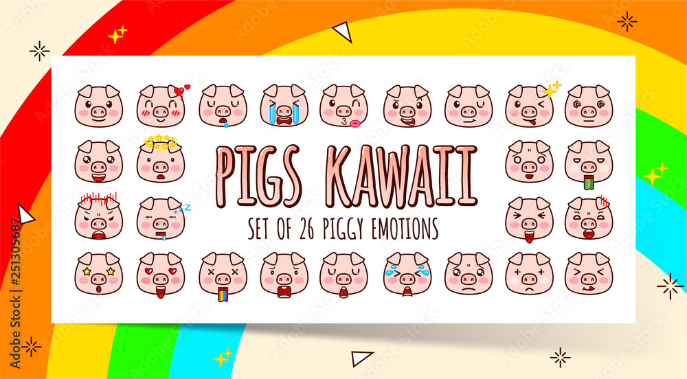 Set of cute Kawaii pink pigs with various emotions. Symbol of Chinese New Year. Collection in a cartoon style. Vector illustration