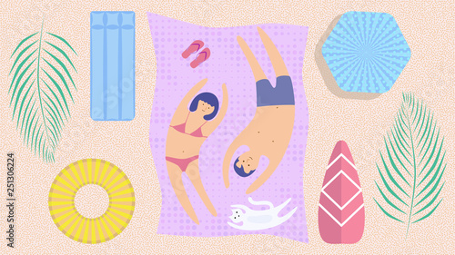 Summer holidays. Summer time. Young people relaxing and sunbathe on the beach. Happy family with a cat. Summer vacation. Flat modern design. Retro style. Sea vacation. Young man and woman. Vector