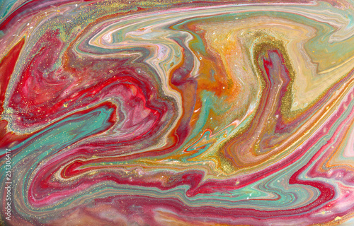 Green and red marbling pattern. Gold marble liquid texture.