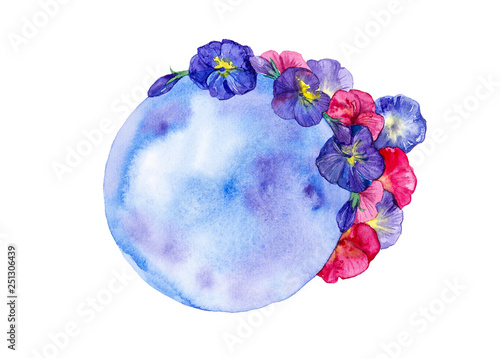 Bright blue and red flowers around the blue planet earth.Abstract watercolor illustration isolated on white background