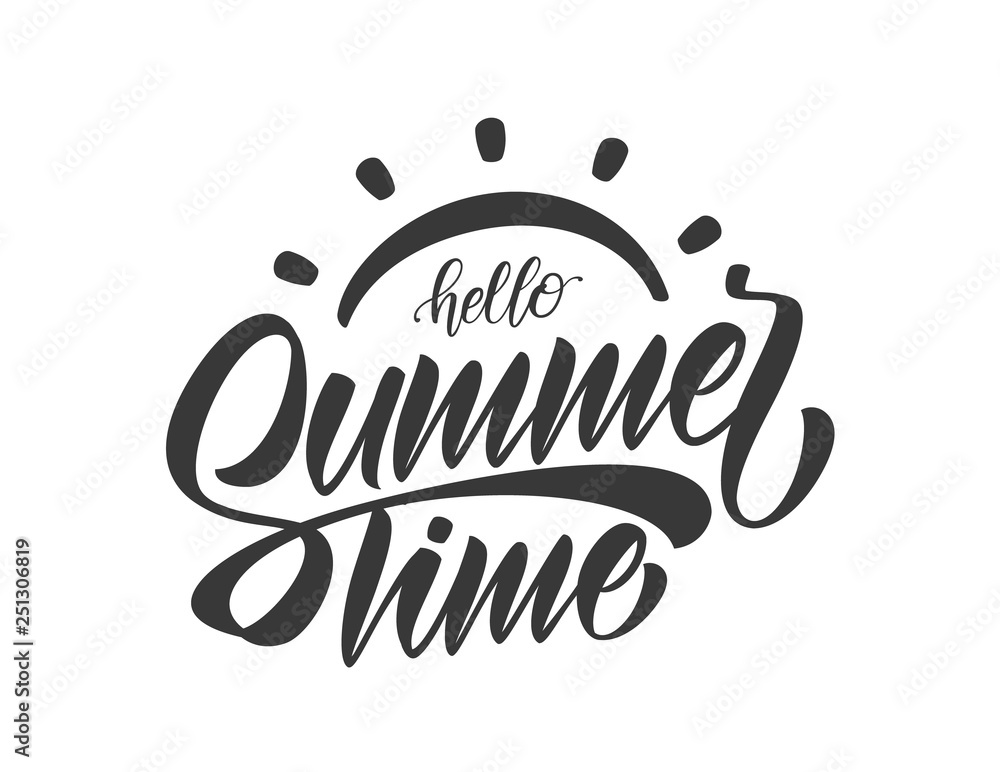 Vector illustration: Handwritten calligraphic lettring composition of Hello Summer Time with sun. Vector illustration: Handwritten calligraphic lettring composition of Hello Summer Time with sun.