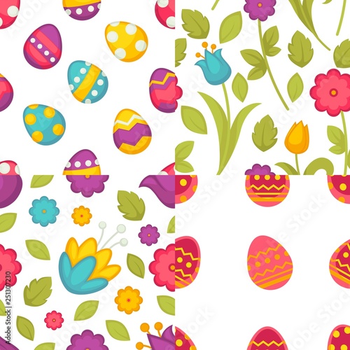 Easter seamless patterns eggs and flowers spring holiday