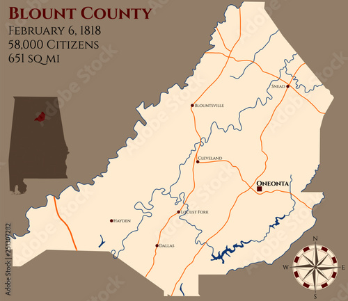 Large and detailed map of Blount county in Alabama, USA photo