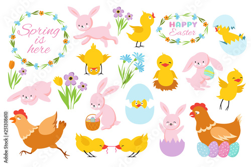 Easter bunny, chicks and spring flowers. Funny rabbits, baby chickens and eggs. Cartoon easter spring vector set of happy rabbit and chick, holiday easter illustration